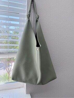 Soft Sage Green Oversized Hobo Shoulder Bag Vegan Leather Knot Handle Tote